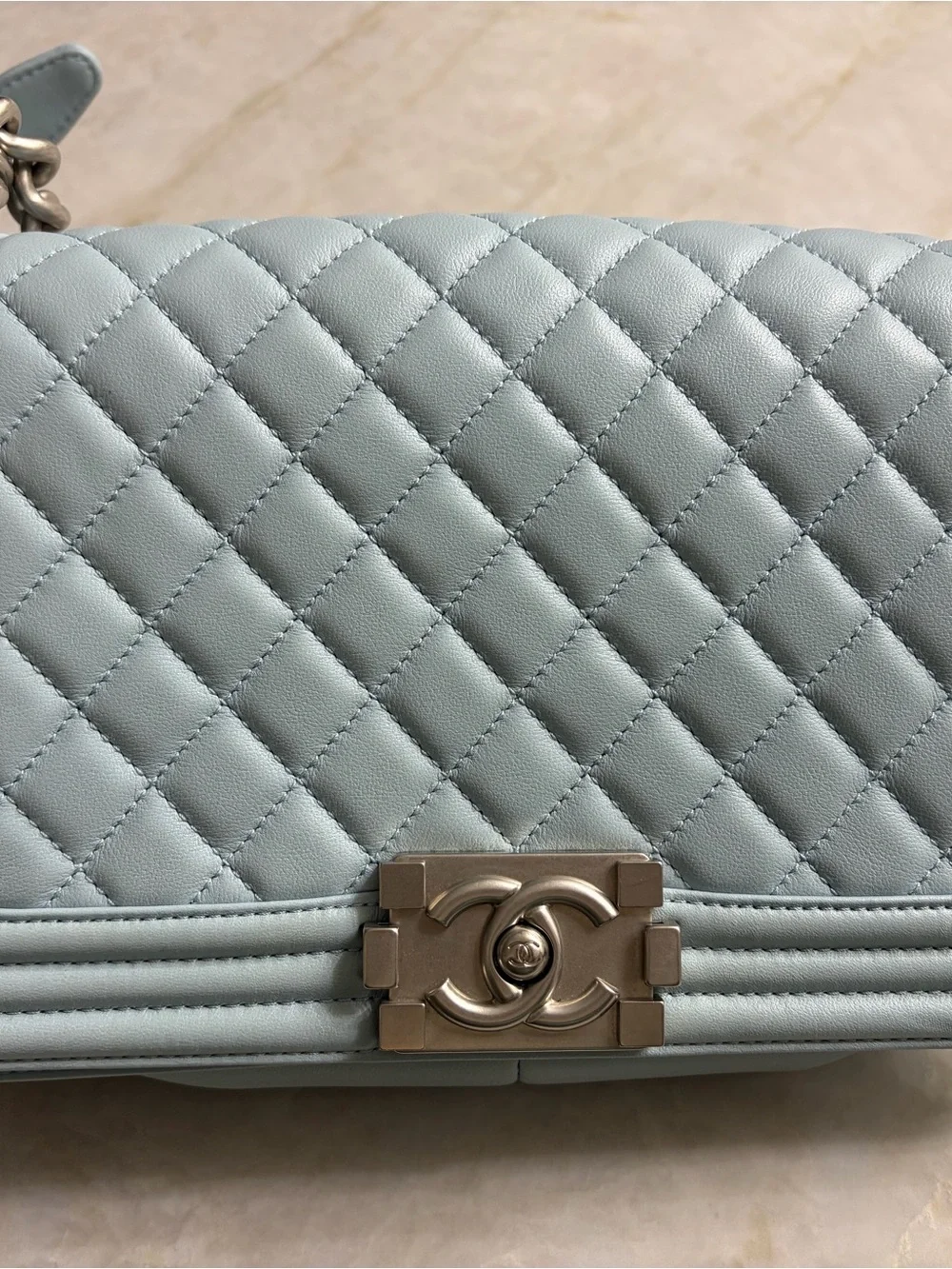 CHANEL Light Blue Quilted Boy Flap Shoulder Bag with Silver Chain
